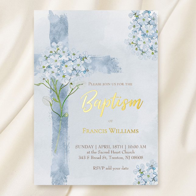 Invitation En Aluminium fleurs d'hydrangea bleu aquarelle croix Baptême (Créateur téléchargé)