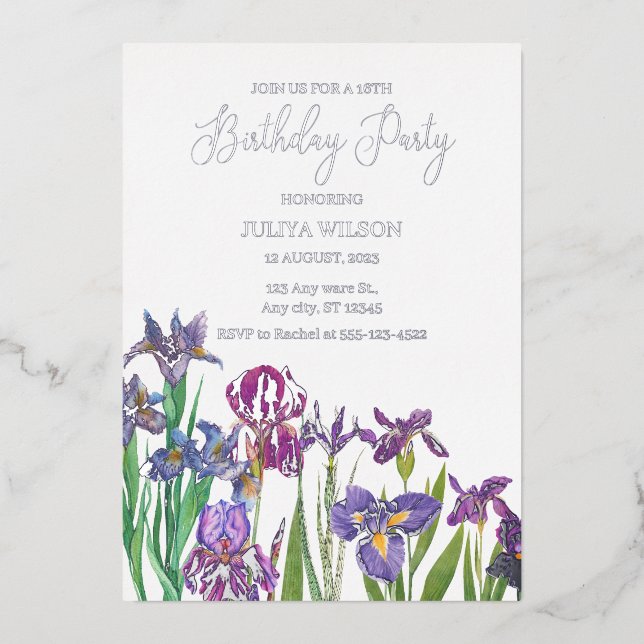 Invitation En Aluminium Fleurs d'Iris fête d'anniversaire (Recto)