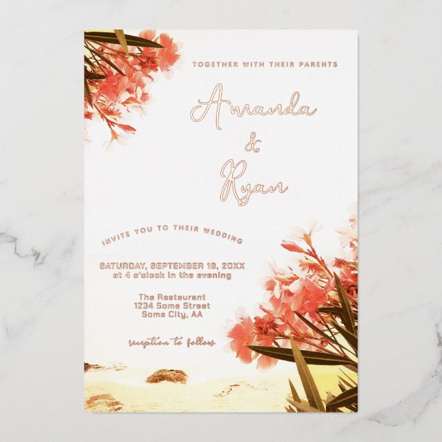Invitation En Aluminium Fleurs d'or orange sur le mariage de plage (Recto)