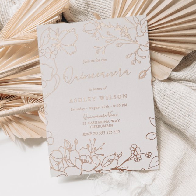 Invitation En Aluminium Fleurs d'or Rose réel Élégant Quinceanera Party (Créateur téléchargé)