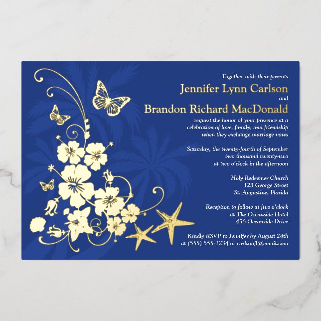 Invitation En Aluminium Fleurs d'or tropicale, Mariage de papillons (Recto)