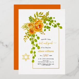 Invitation En Aluminium Fleurs d'orange et feuille d'or Bat mitzvah d'arc