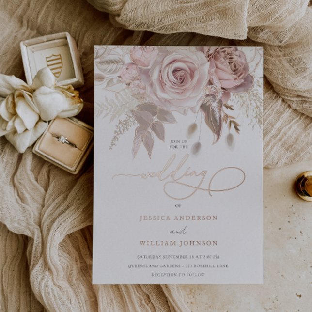 Invitation En Aluminium Fleurs dorées roses divines Mariage écriture éléga (Créateur téléchargé)