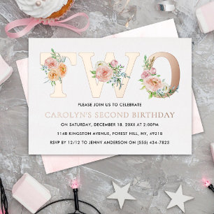 Invitation En Aluminium Fleurs Élégantes TWO 2e Anniversaire Réel