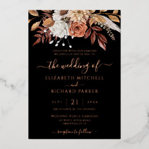 Invitation En Aluminium Fleurs en terre cuite tombent noir rose or mariage