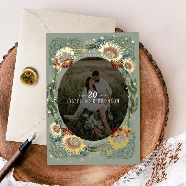 Invitation En Aluminium Fleurs esquissées Photo unique Enregistrer la date (Créateur téléchargé)