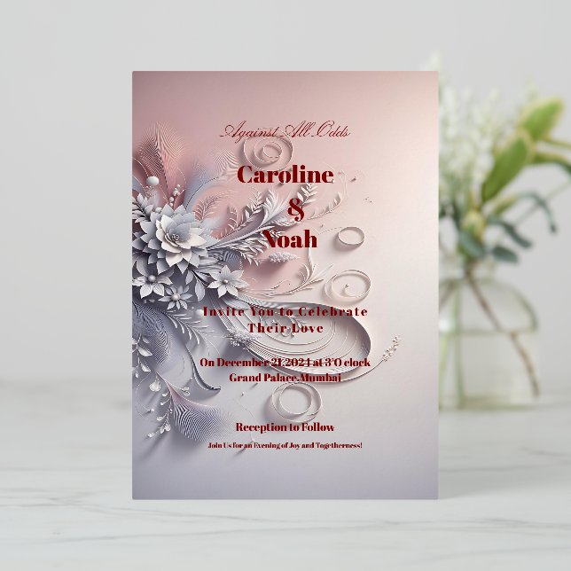 Invitation En Aluminium Fleurs grises délicates sur blush (Debout devant)