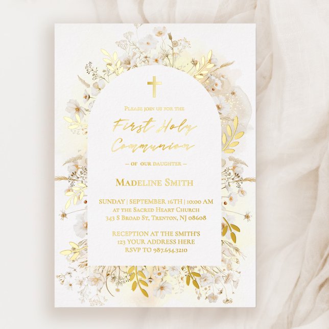 Invitation En Aluminium fleurs jaunes blanches Première communion sainte (Créateur téléchargé)