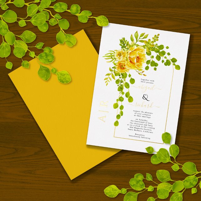 Invitation En Aluminium Fleurs jaunes et arche mariage or réel (Créateur téléchargé)