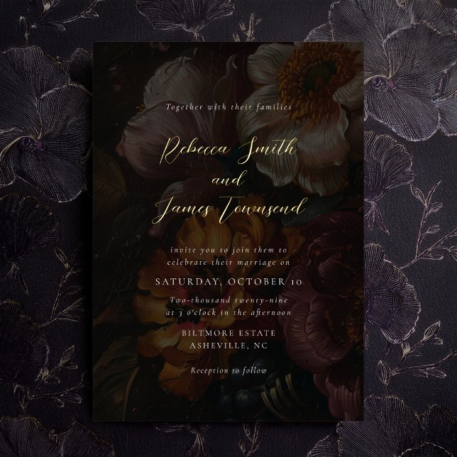 Invitation En Aluminium Fleurs lunatiques calligraphie botanique sombre Ma (Créateur téléchargé)