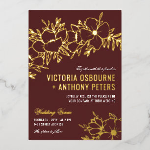 Invitation En Aluminium Fleurs Maroon & Or Mariage Floral