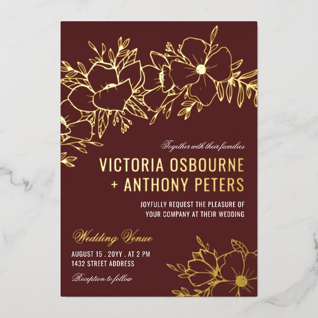 Invitation En Aluminium Fleurs Maroon & Or Mariage Floral (Recto)