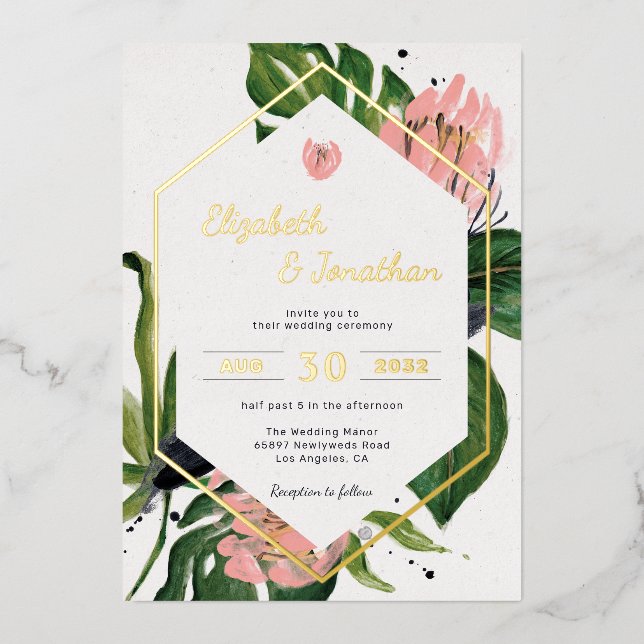 Invitation En Aluminium Fleurs modernes de jungle tropicale rose & feuille (Recto)