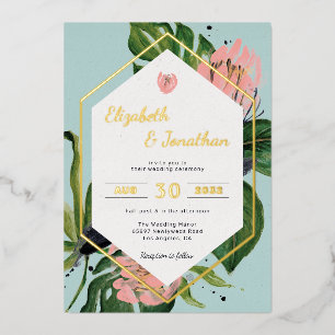 Invitation En Aluminium Fleurs modernes de jungle tropicale rose & feuille