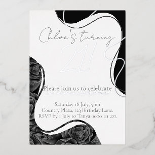 Invitation En Aluminium Fleurs monochromes et anniversaire à feuille d'arg