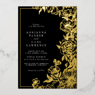 Invitation En Aluminium Fleurs noires et dorées   Mariage formel et sombre