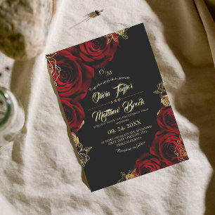 Invitation En Aluminium Fleurs noires et rouges Feuille d'or  Mariage 