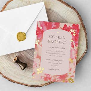 Invitation En Aluminium Fleurs rose aquarelle libre or 