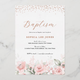 Invitation En Aluminium Fleurs rose poudré aquarelle baptême