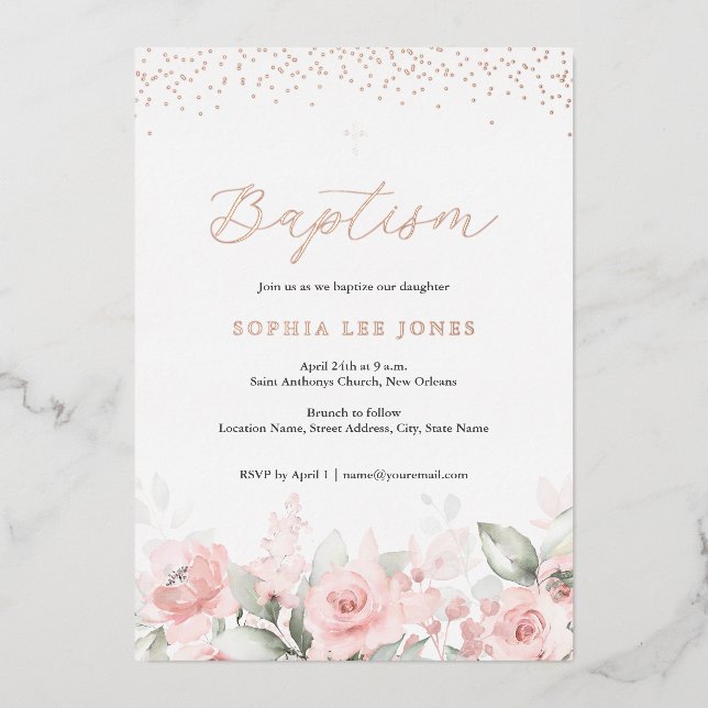 Invitation En Aluminium Fleurs rose poudré aquarelle baptême (Recto)
