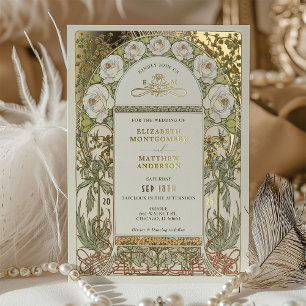 Invitation En Aluminium Fleurs Roses Blanches Or Art Nouveau Mariage Vinta