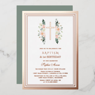 Invitation En Aluminium Fleurs roses élégantes Fille 1er anniversaire Bapt