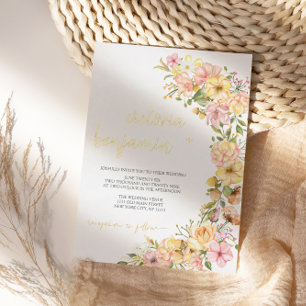 Invitation En Aluminium Fleurs roses florales printanières Jaunes Or Maria