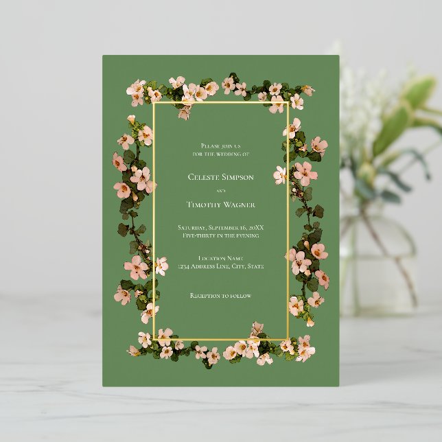 Invitation En Aluminium Fleurs roses poussiéreuses - Sage - Mariage de cad (Debout devant)