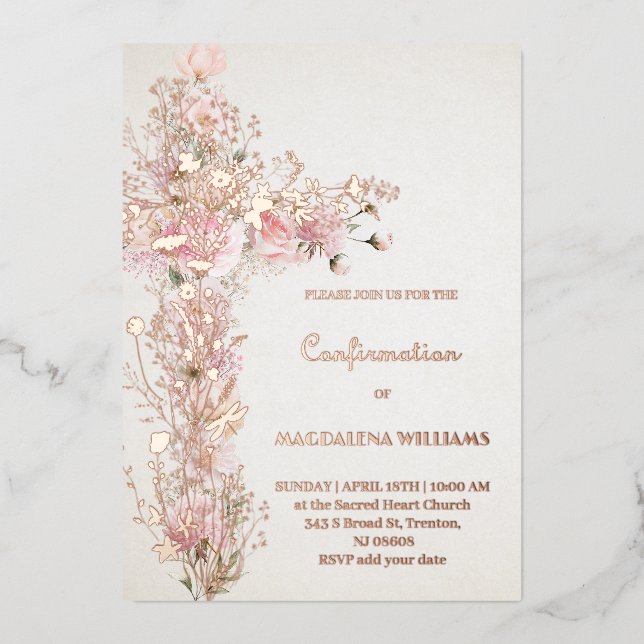 Invitation En Aluminium Fleurs roses Sainte croix Confirmation (Recto)