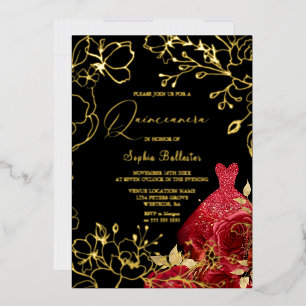 Invitation En Aluminium Fleurs rouges et robe noire Quinceanera feuilles d