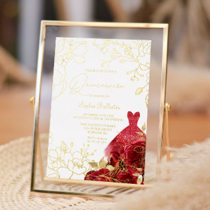 Invitation En Aluminium Fleurs rouges et robes Quinceanera feuilles d'or