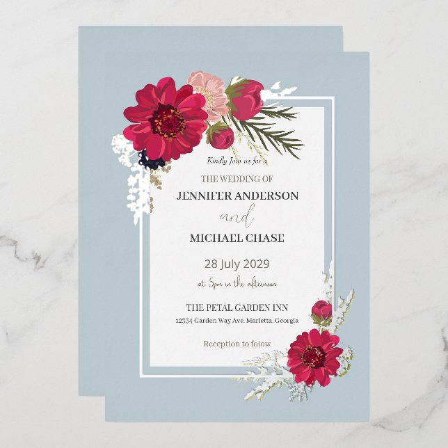 Invitation En Aluminium Fleurs rouges et vertes de mariage  (Recto/Verso)