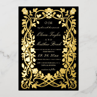 Invitation En Aluminium Fleurs royales ornement noir et or foil mariage