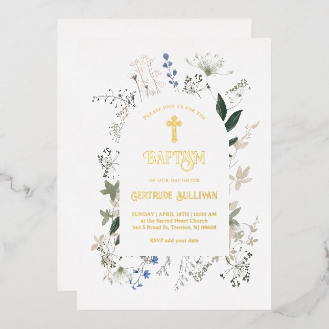 Invitation En Aluminium fleurs sauvages cadre Baptême (Recto/Verso)