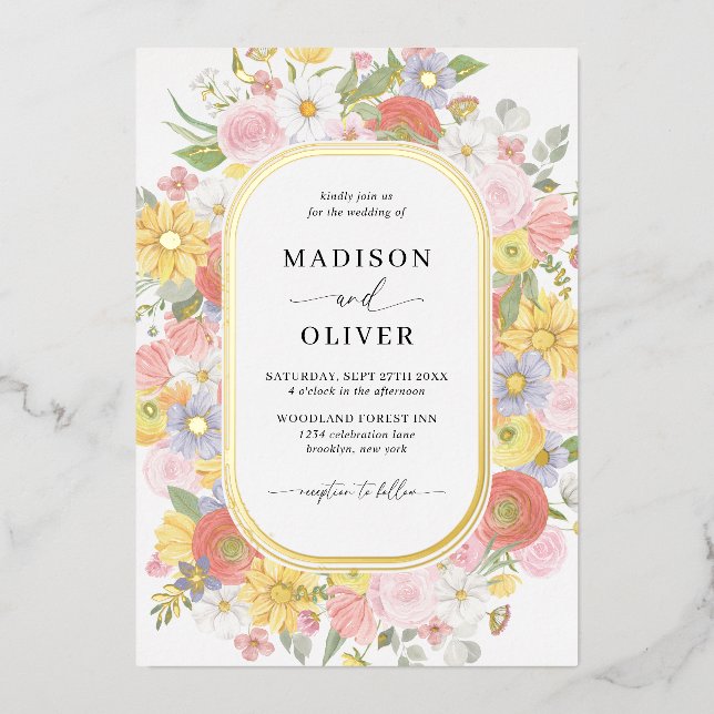 Invitation En Aluminium Fleurs sauvages chic Floral Aquarelle or Mariage (Recto)