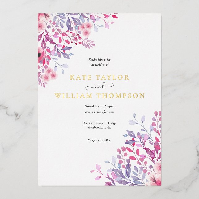 Invitation En Aluminium Fleurs Sauvages de Campagne Mariage Floral Or (Recto)