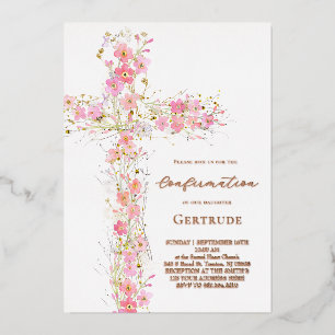 Invitation En Aluminium fleurs sauvages roses croix Confirmation