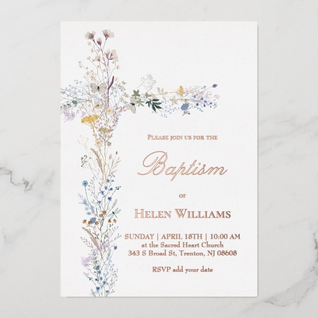 Invitation En Aluminium fleurs sauvages traversent Baptême (Recto)