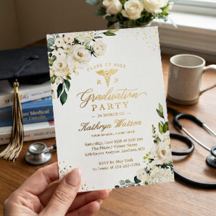 Invitation En Aluminium Fleurs vertes or graduation école d'infirmières