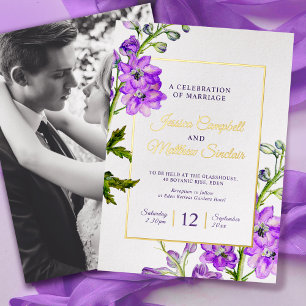Invitation En Aluminium Fleurs violettes de Delphinium et or mariage d'été