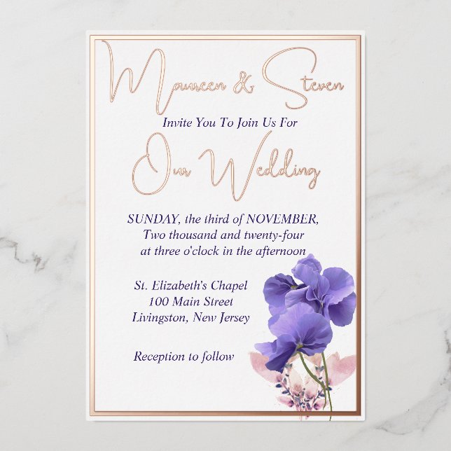 Invitation En Aluminium Fleurs violettes Élégant Mariage blanc (Recto)