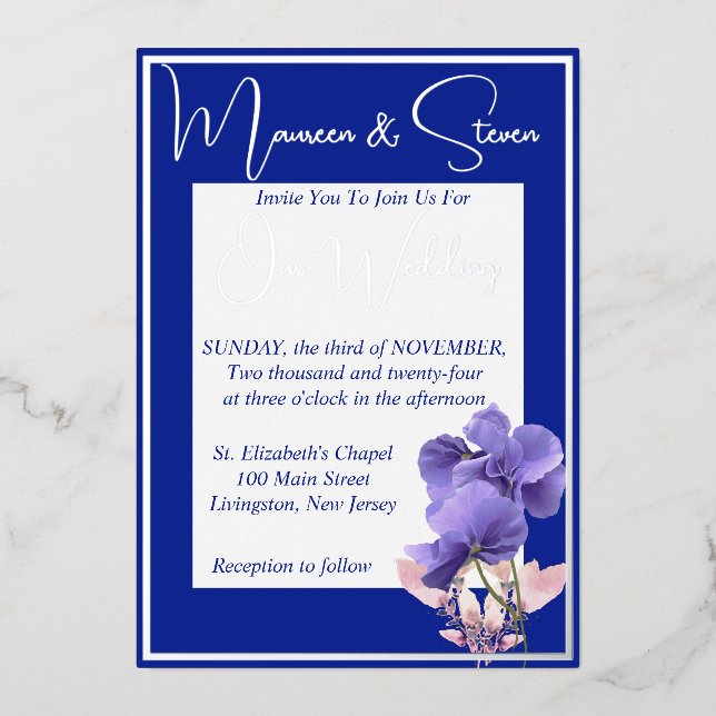 Invitation En Aluminium Fleurs violettes sur Mariage bleu et blanc royal (Recto)
