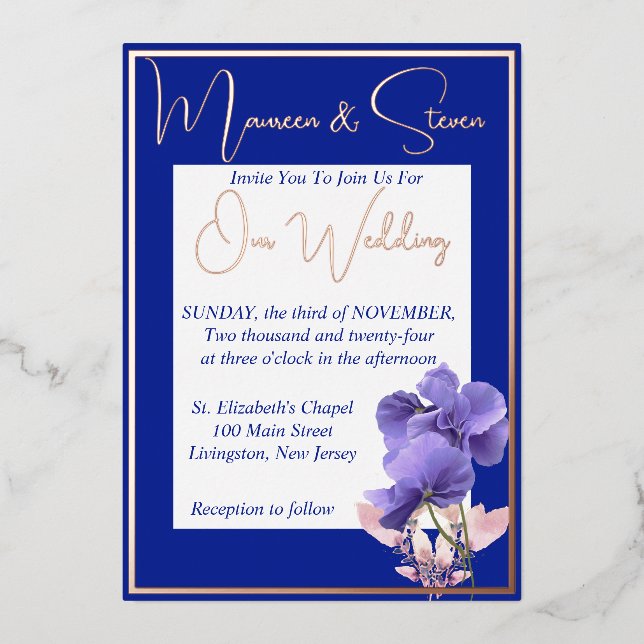 Invitation En Aluminium Fleurs violettes sur Mariage bleu et blanc royal (Recto)