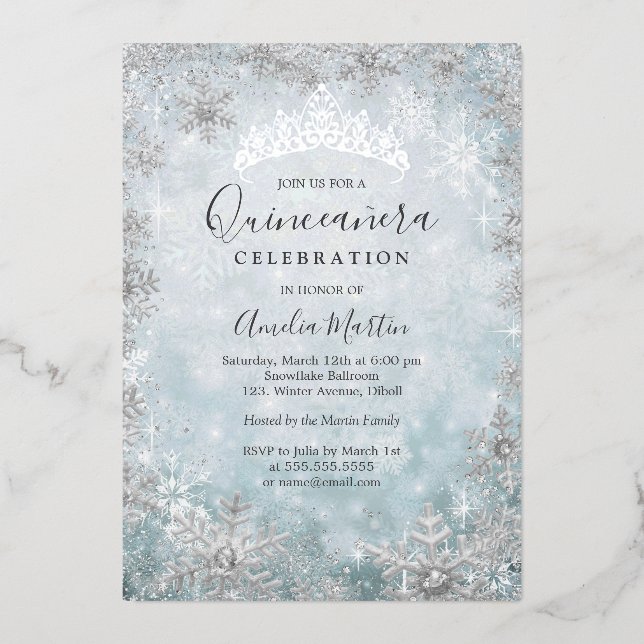 Invitation En Aluminium Flocon de neige bleu Silver Quinceanera (Recto)