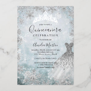 Invitation En Aluminium Flocon de neige d'hiver Argent Bleu Quinceanera Fo