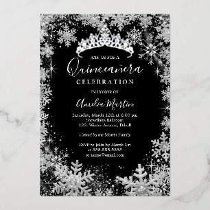 Invitation En Aluminium Flocon de neige d'hiver Silver Black Quinceanera