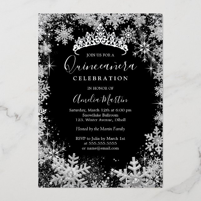 Invitation En Aluminium Flocon de neige d'hiver Silver Black Quinceanera (Recto)
