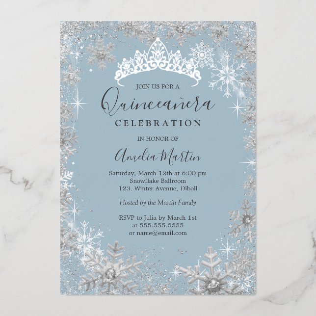 Invitation En Aluminium Flocon de neige Dusty Blue Silver Quinceanera (Recto)