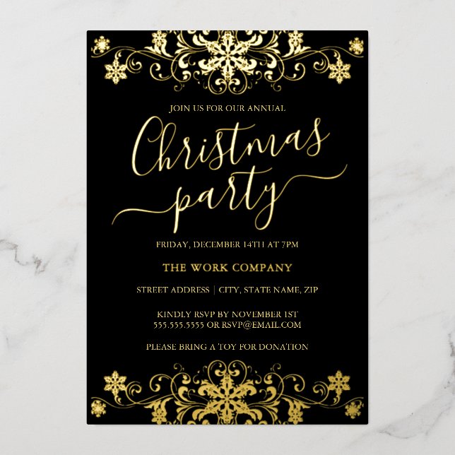 Invitation En Aluminium Flocon de neige noir Fête de Noël d'entreprise (Recto)