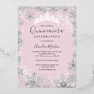 Invitation En Aluminium Flocon de neige rose Silver Quinceanera